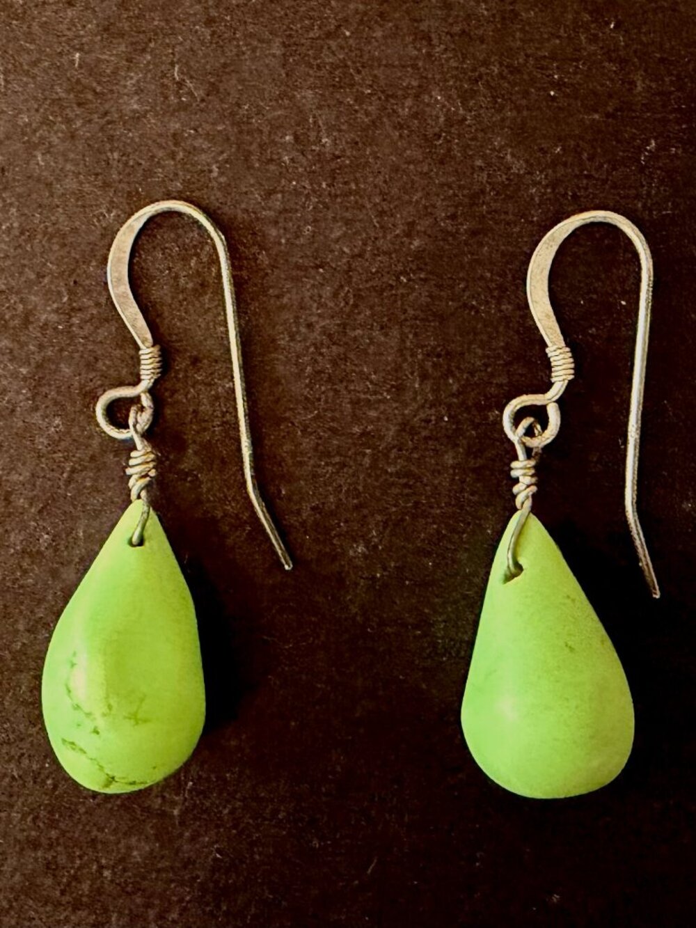 Green Magnesite Turquoise Teardrop Earrings Wire Wrapped Silver French Hook